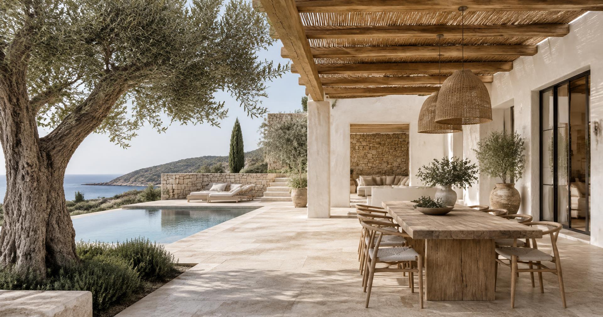 Terraza mediterránea de travertino con pérgola de madera y olivo
