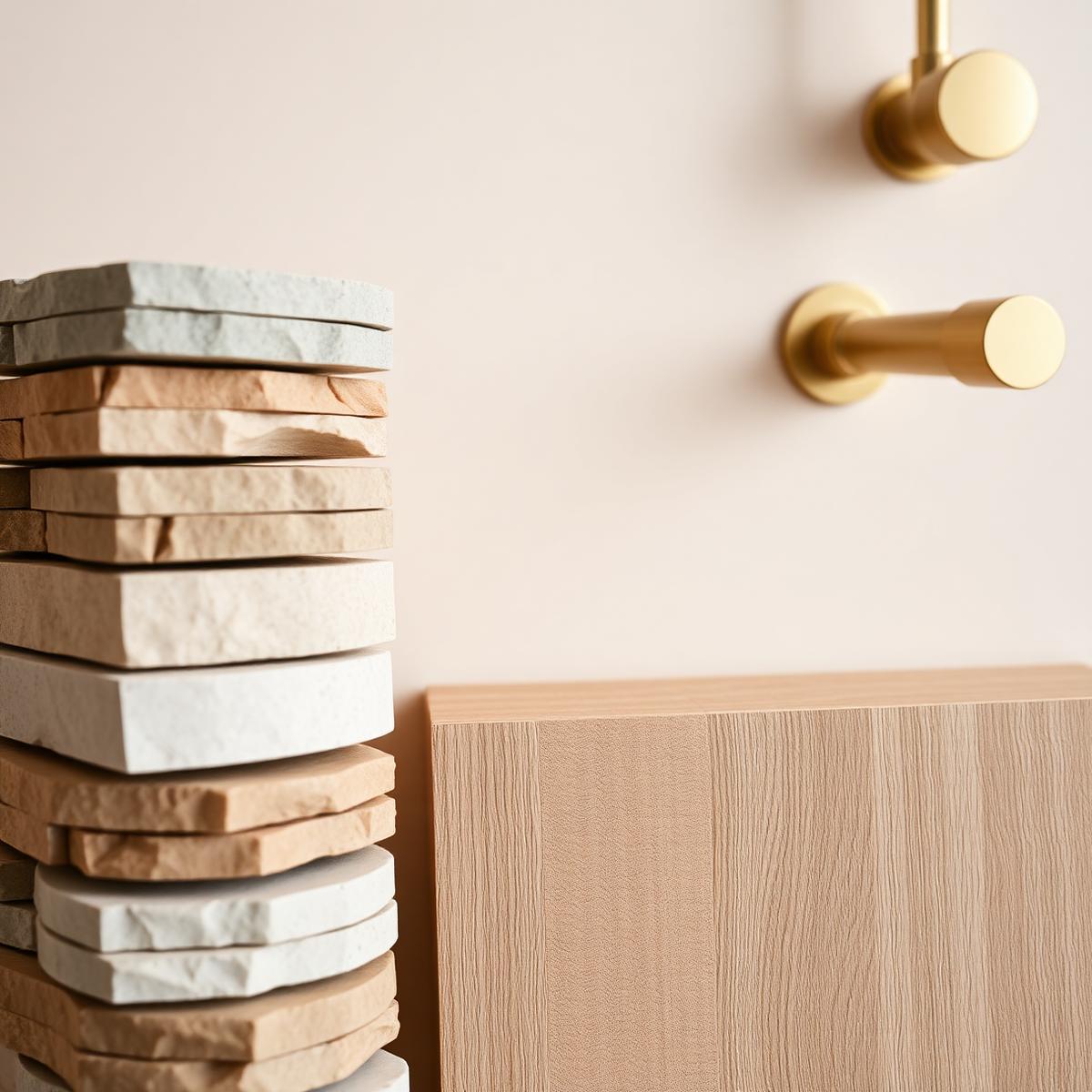 Detalle de materiales: piedra natural, madera y herrajes (imagen de referencia)
